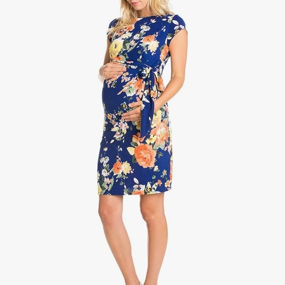 Floral Maternity Midi Dress - Blue and Orange - Picture 1 of 9